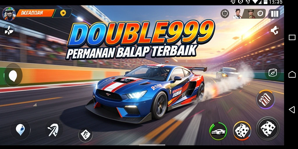 Tampilan gameplay balapan di DOUBLE999 dengan mobil yang melaju kencang.