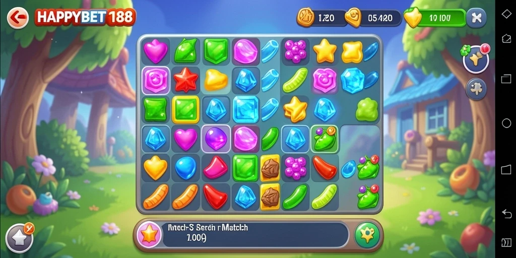 Tampilan gameplay seru dalam HAPPYBET188 dengan aksi Match-3 yang mengasyikkan.