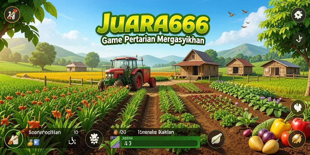 Tampilan gameplay JUARA666 yang menampilkan ladang yang subur dan hewan ternak.