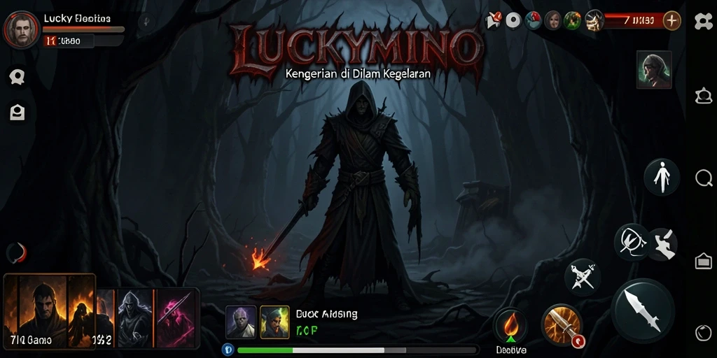 Tangkapan layar LUCKYMINO menampilkan suasana menakutkan dan gameplay yang mendebarkan.