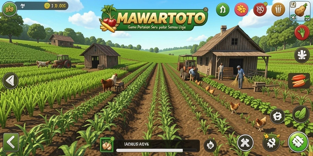 Screenshot gameplay MAWARTOTO menampilkan suasana ladang yang asri dan penuh warna.