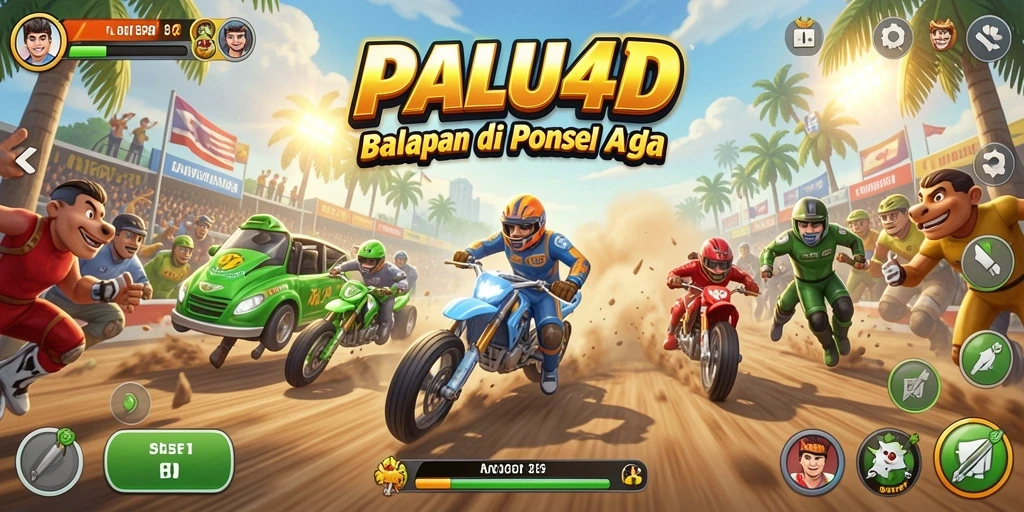Gameplay seru PALU4D dengan mobil balap di trek menantang.