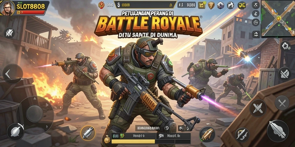 Screenshot utama SLOT8808 menunjukkan pertempuran intens di arena Battle Royale.